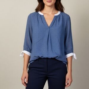 Bundle Tommy Hilfiger V-NeckBlouse, medium, Blue,Tie 3/4 Sleeve, 100% Cotton Top